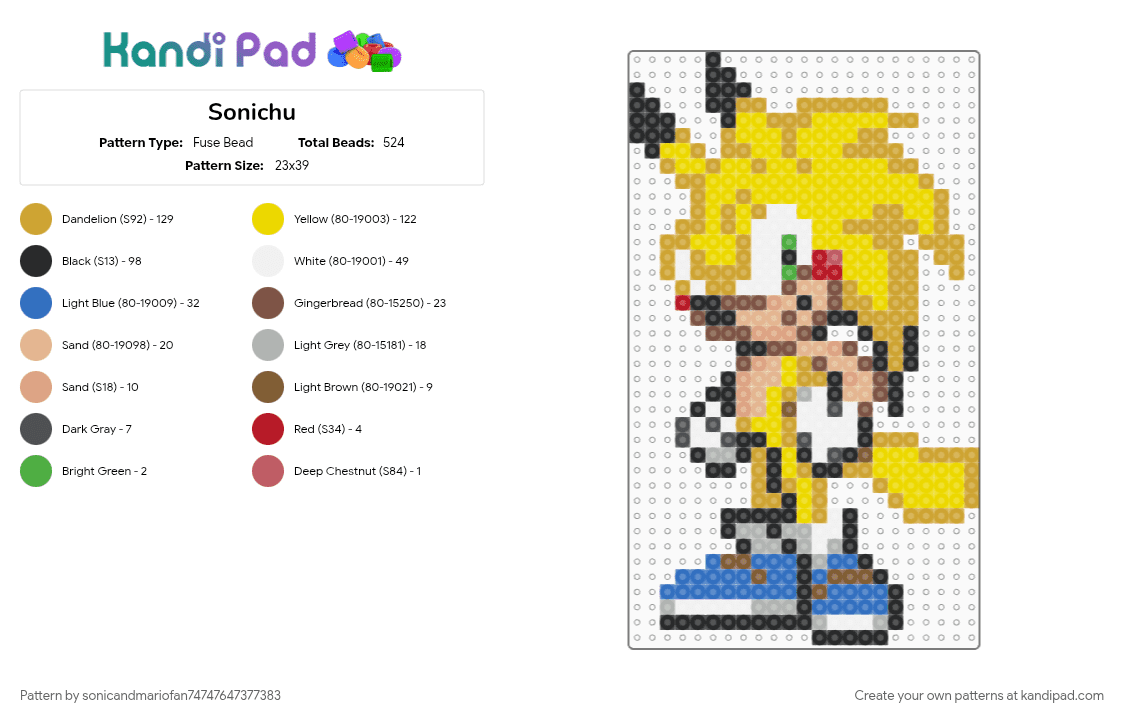 Sonichu - Fuse Bead Pattern by sonicandmariofan74747647377383 on Kandi Pad - beige, orange, yellow