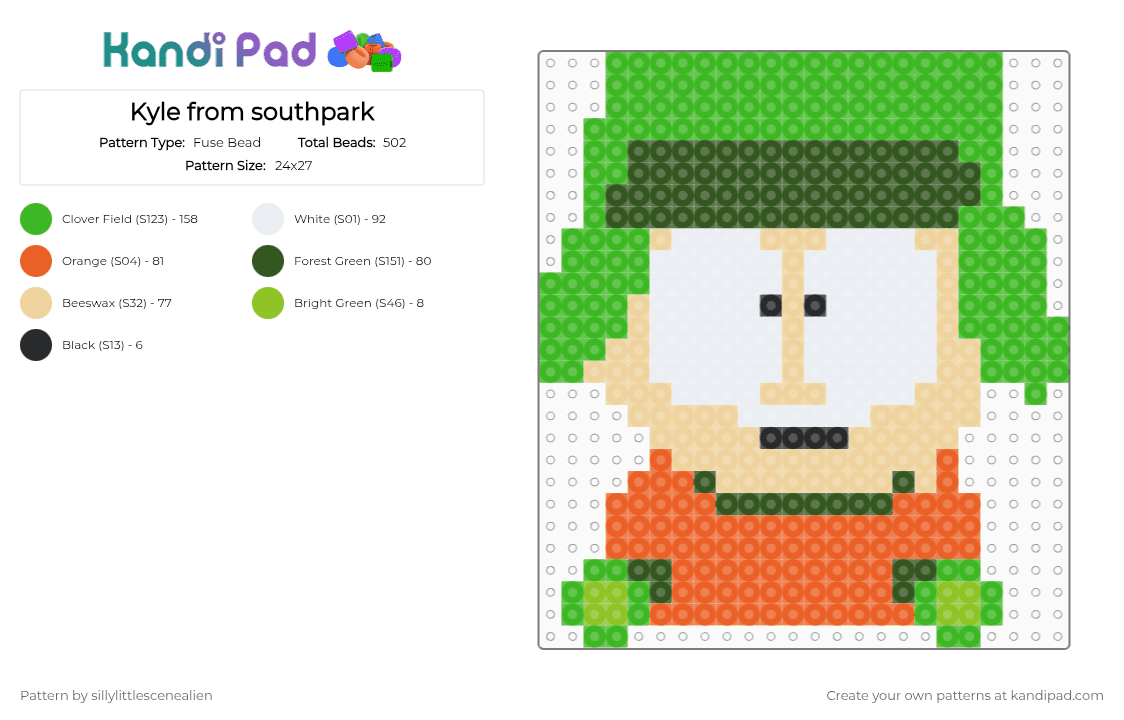 Kyle from southpark - Fuse Bead Pattern by sillylittlescenealien on Kandi Pad - green