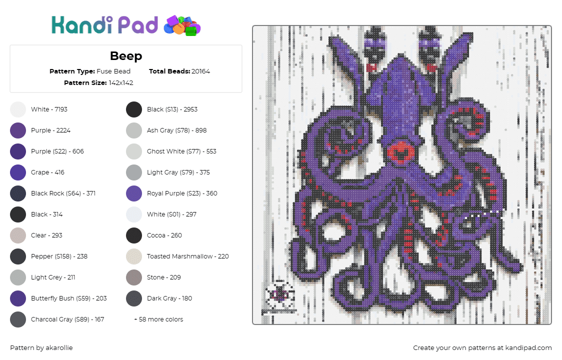 Beep - Fuse Bead Pattern by akarollie on Kandi Pad - squid,octopus,giant,tentacles,cyclops,animal,purple