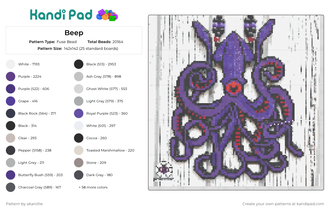 Beep - Fuse Bead Pattern by akarollie on Kandi Pad - squid,octopus,giant,tentacles,cyclops,animal,purple