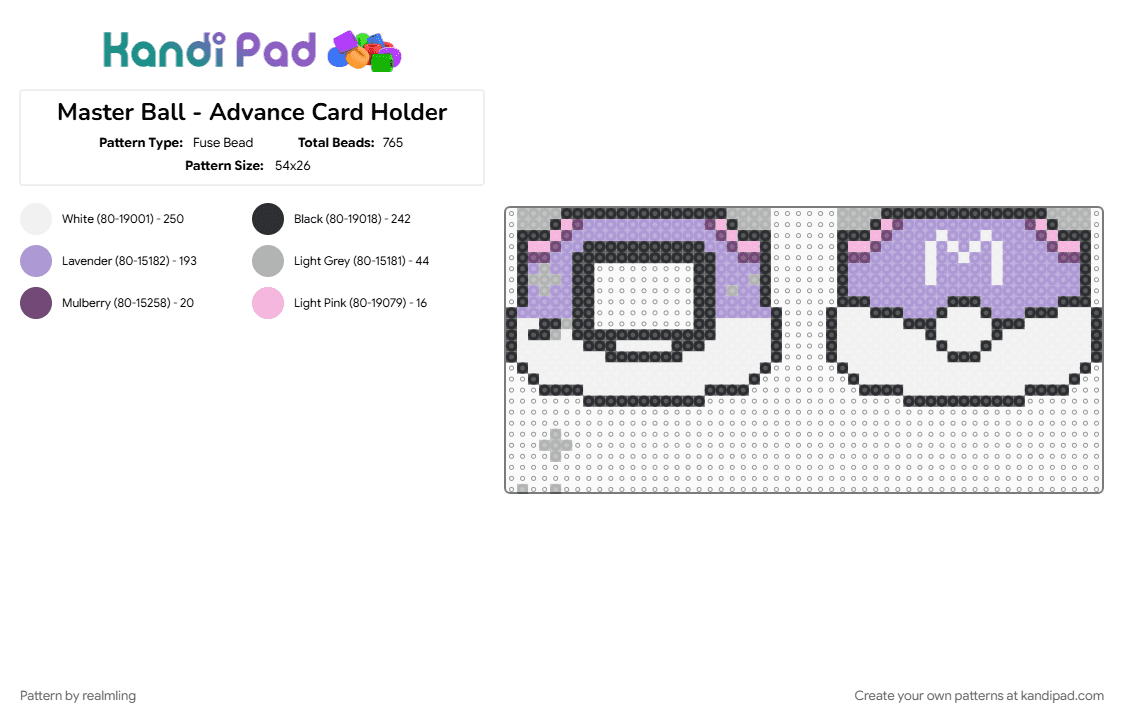 Master Ball - Advance Card Holder - Fuse Bead Pattern by realmling on Kandi Pad - gameboy, gameboy advance, gamecardholder, master ball, pokeball, pokemon, tradingcardholder