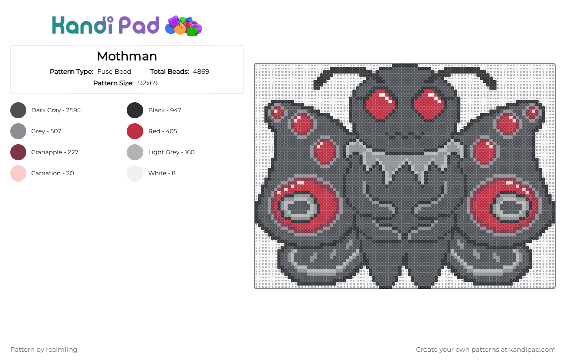 Mothman - Fuse Bead Pattern by realmling on Kandi Pad - gray,mothman,cryptid,wip
