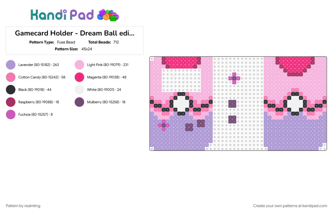 Gamecard Holder - Dream Ball edition - Fuse Bead Pattern by realmling on Kandi Pad - dream ball, gameboy, gaming, pink, pokeball, pokemon, tradingcardholder