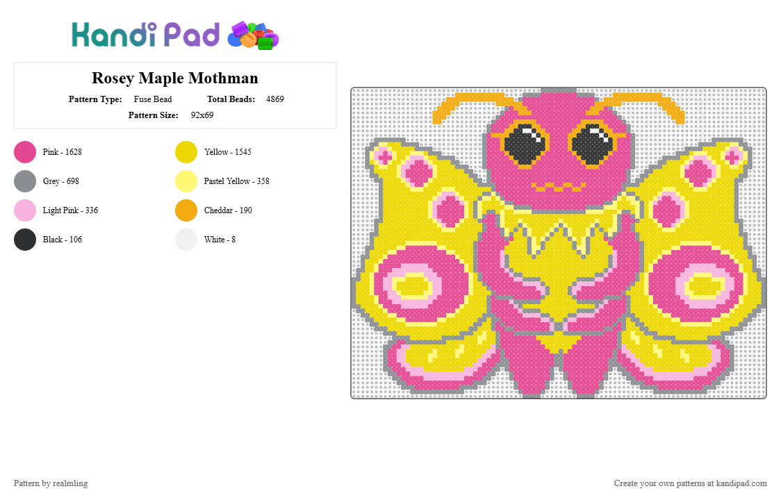 Rosey Maple Mothman - Fuse Bead Pattern by realmling on Kandi Pad - pink,yellow,mothman,moth,cryptid,cryptids,roseymaplemoth,roseymaple