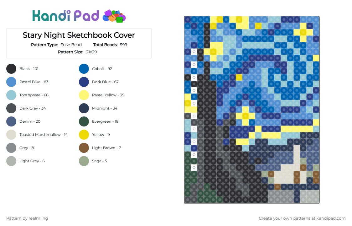 Stary Night Sketchbook Cover - Fuse Bead Pattern by realmling on Kandi Pad - blue, bookcover, gray, light blue, sketchbookcover, starynight, vangogh