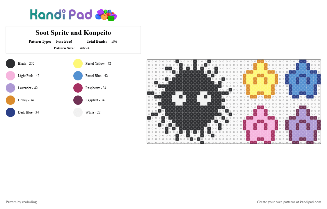 Soot Sprite and Konpeito - Fuse Bead Pattern by realmling on Kandi Pad - black,pink,sootsprite,konpeito,studioghibli,anime,soot,sprite