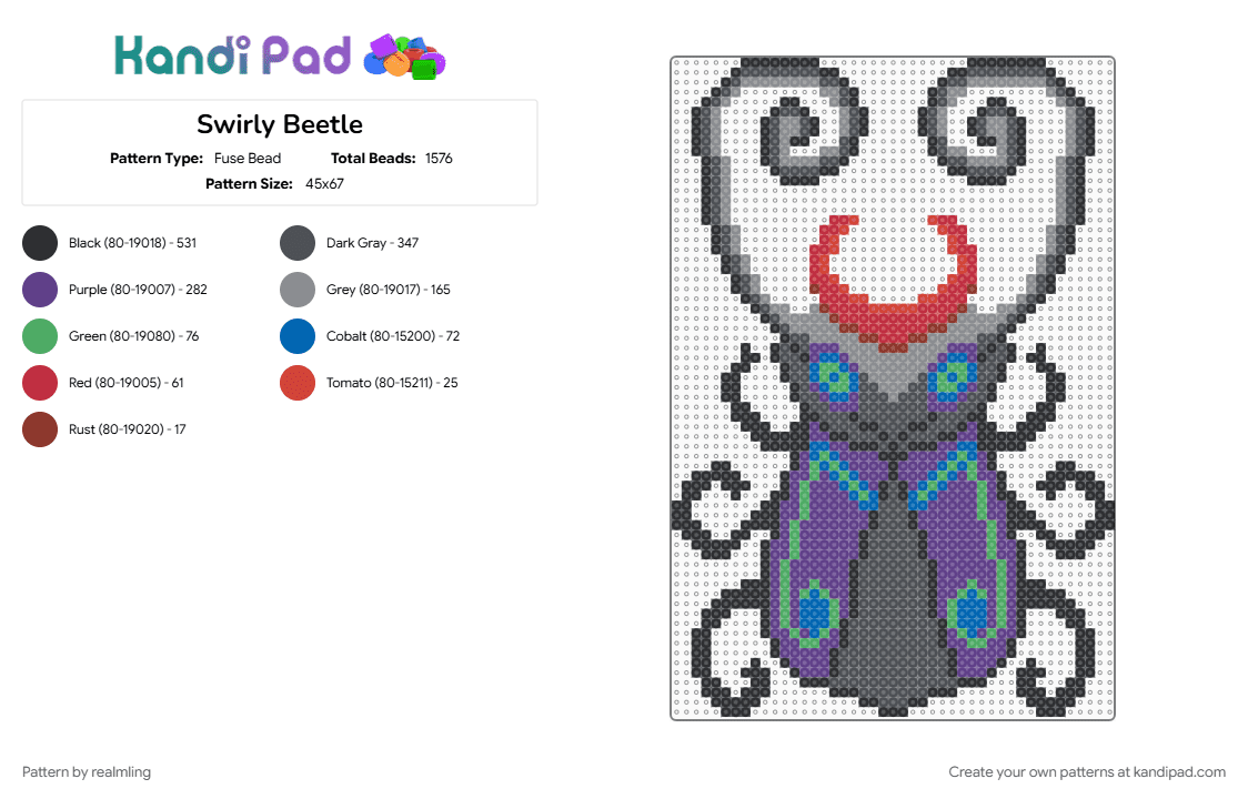 Swirly Beetle - Fuse Bead Pattern by realmling on Kandi Pad - beetle, bug, cotdbugs, gray, purple, swirls