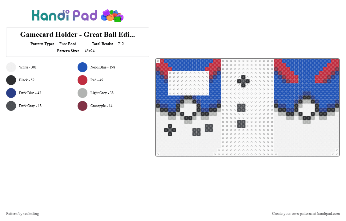 Gamecard Holder - Great Ball Edition - Fuse Bead Pattern by realmling on Kandi Pad - blue, cardholder, gameboy, greatball, nintendo, pokeball, pokemon, white