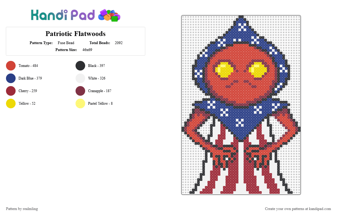 Patriotic Flatwoods - Fuse Bead Pattern by realmling on Kandi Pad - blue,red,cotdindependencedayusa2026,flatwoodsmonster,cryptid,cryptids,flatwood