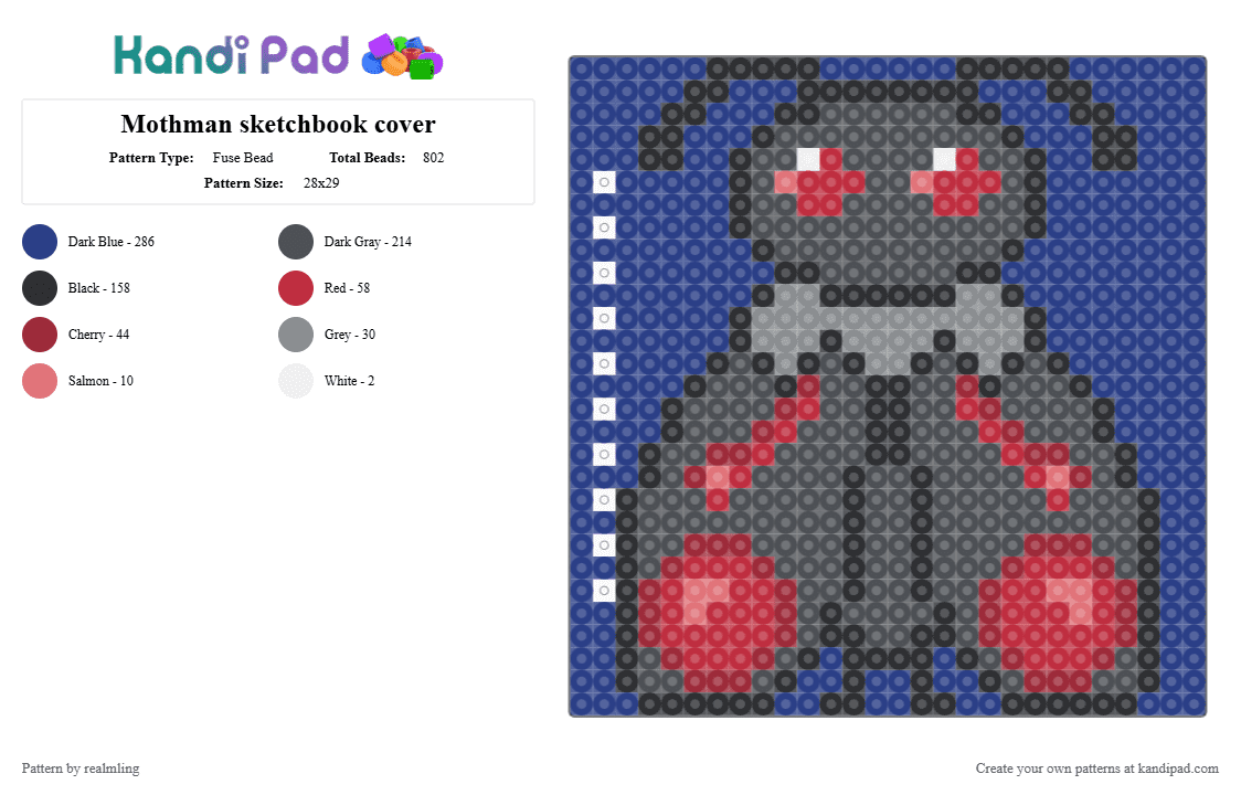 Mothman sketchbook cover - Fuse Bead Pattern by realmling on Kandi Pad - gray,blue,mothman,cryptid,cryptids,sketchbookcover