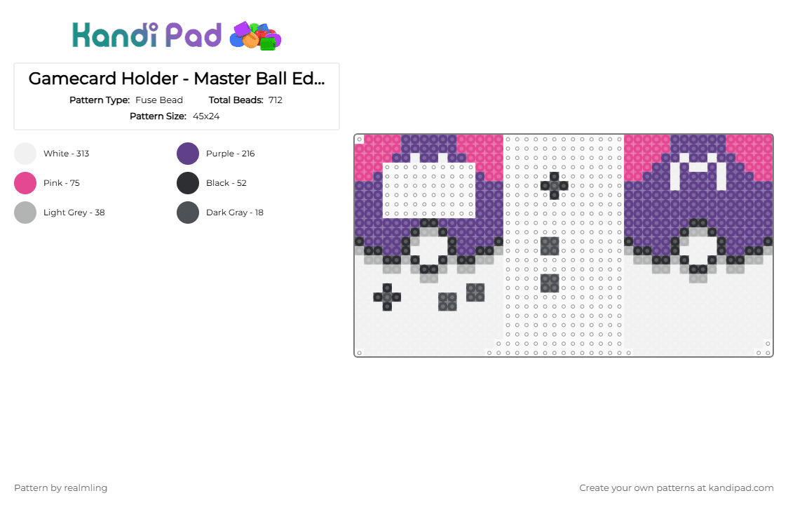 Gamecard Holder - Master Ball Edition - Fuse Bead Pattern by realmling on Kandi Pad - white,purple,pokemon,gameboy,cardholder,pokeball,nintendo,masterball
