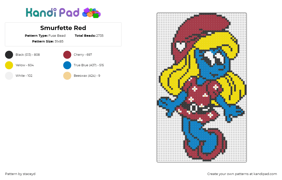 Smurfette Red - Fuse Bead Pattern by staceyd on Kandi Pad - smurfette,smurfs,character,tv show,movie,nostalgia,blonde,cute,blue,red,yellow