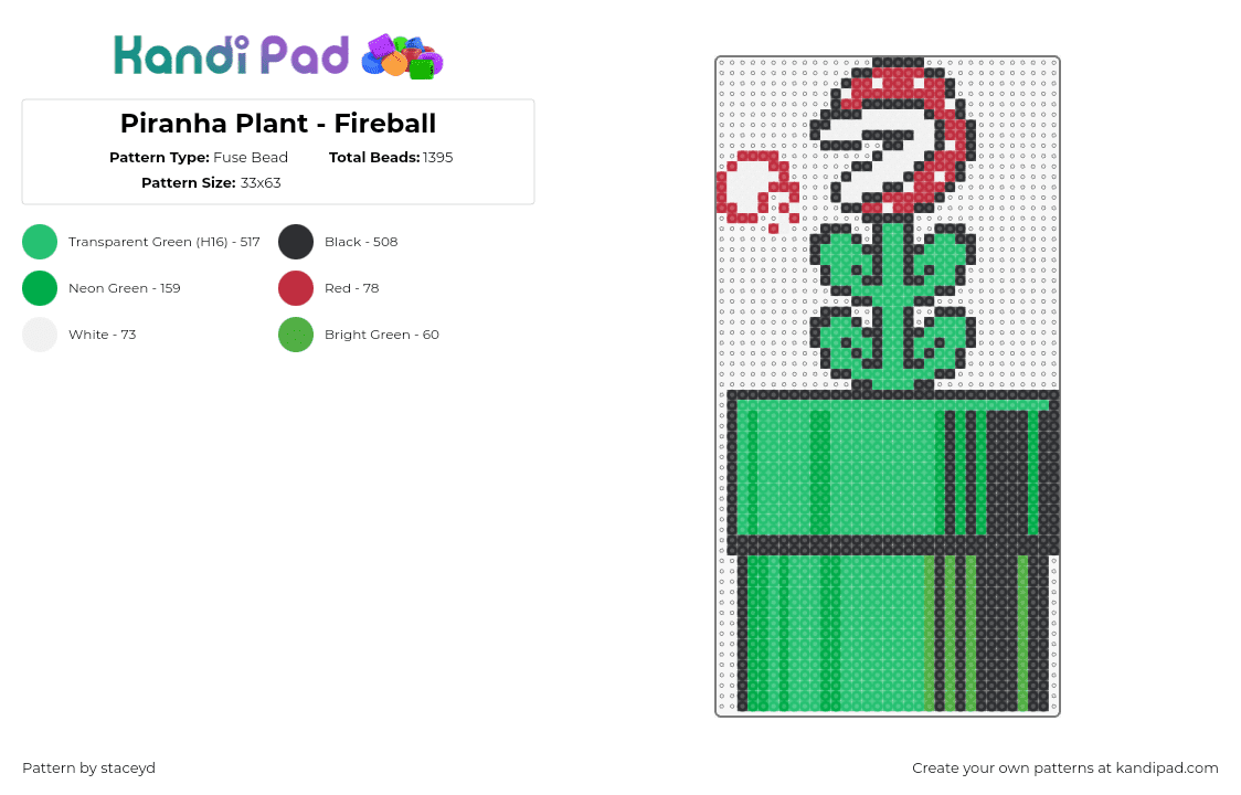 Piranha Plant - Fireball - Fuse Bead Pattern by staceyd on Kandi Pad - piranha plant,pipe,fireball,mario,nintendo,video game,green,red