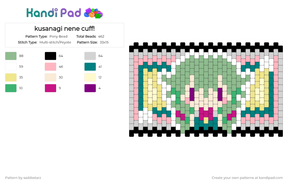 kusanagi nene cuff! - Pony Bead Pattern by saddxstarz on Kandi Pad - pink, teal