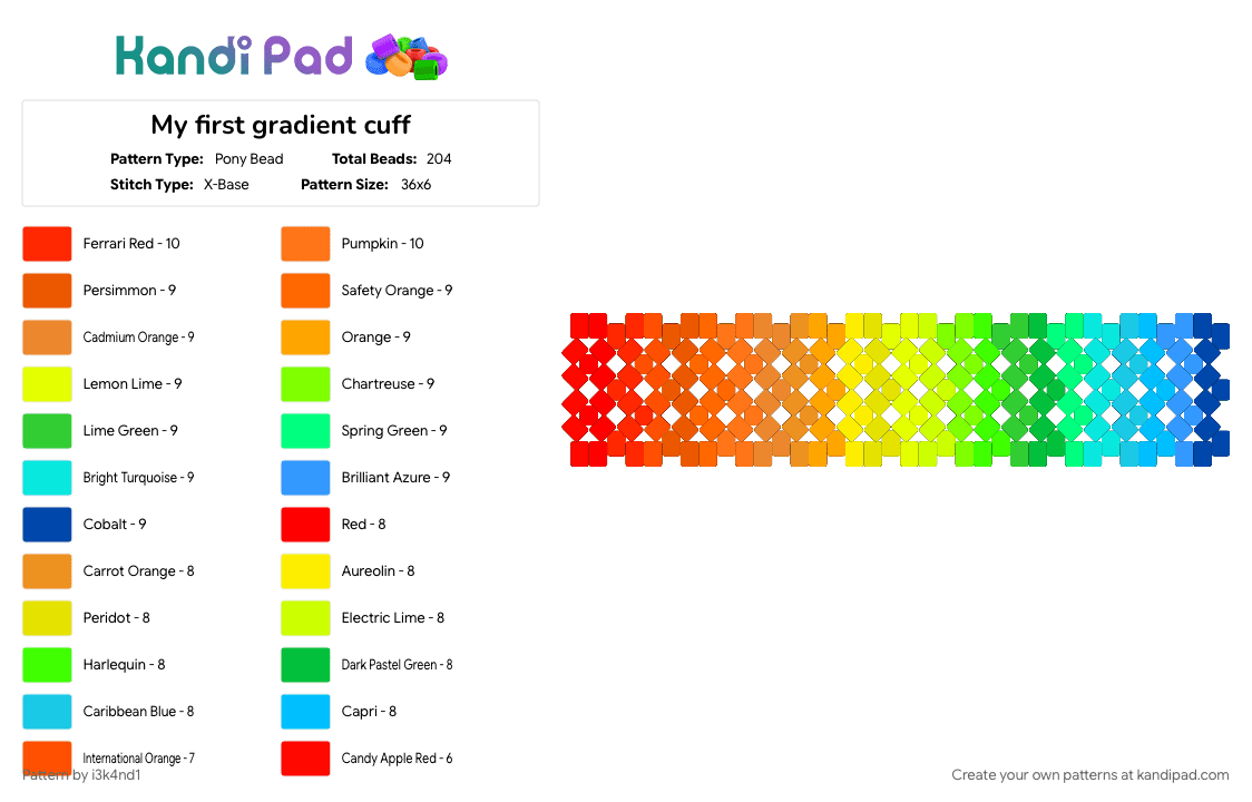 My first gradient cuff - Pony Bead Pattern by i3k4nd1 on Kandi Pad - colorful, cotdtransitions, gradient, green, light blue, orange, rainbow, yellow