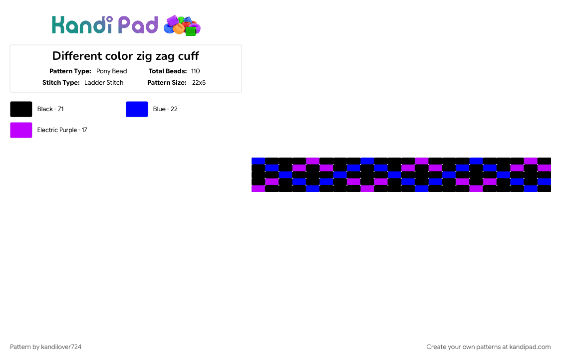 Different color zig zag cuff - Pony Bead Pattern by i3k4nd1 on Kandi Pad - black, colorful, cotdchevrons, purple, remix