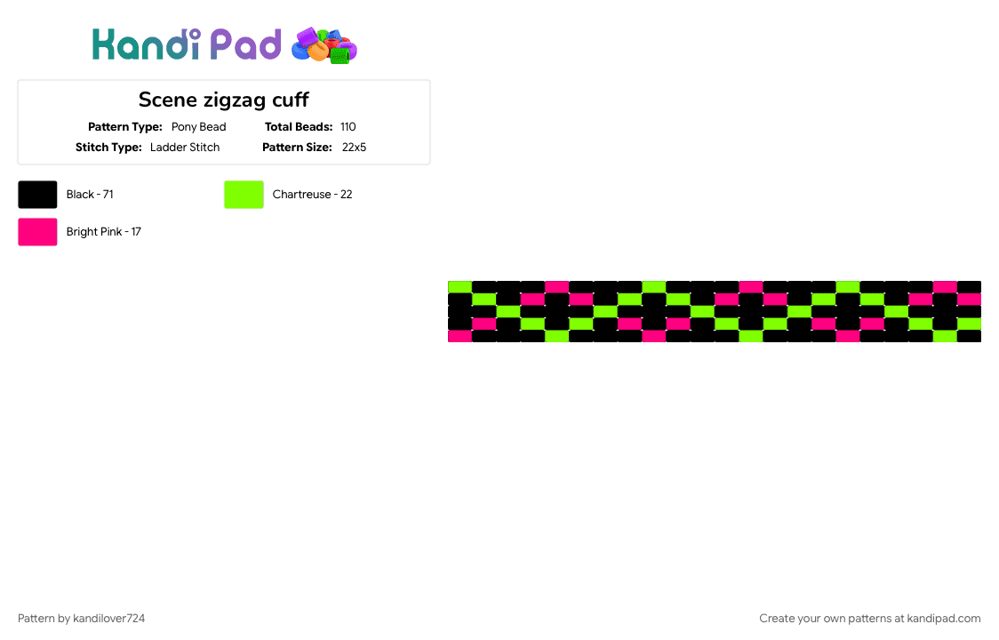 Scene zigzag cuff - Pony Bead Pattern by i3k4nd1 on Kandi Pad - black, cotdchevrons, green, pink