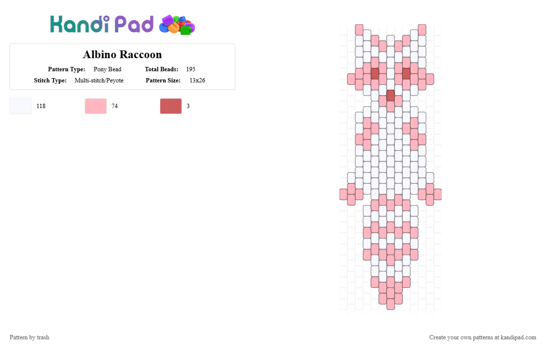 Albino Raccoon - Pony Bead Pattern by trash on Kandi Pad - animal, pink, raccoon, white