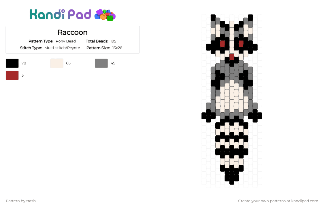 Raccoon - Pony Bead Pattern by trash on Kandi Pad - animal, gray, raccoon