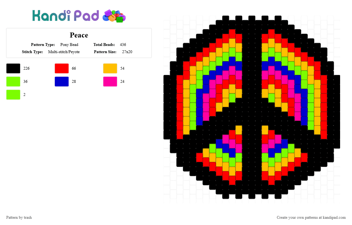 Peace - Pony Bead Pattern by trash on Kandi Pad - black,yellow,red,peace,symbol,rainbow