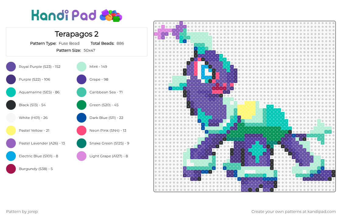 Terapagos 2 - Fuse Bead Pattern by jorep on Kandi Pad - light blue, purple, teal