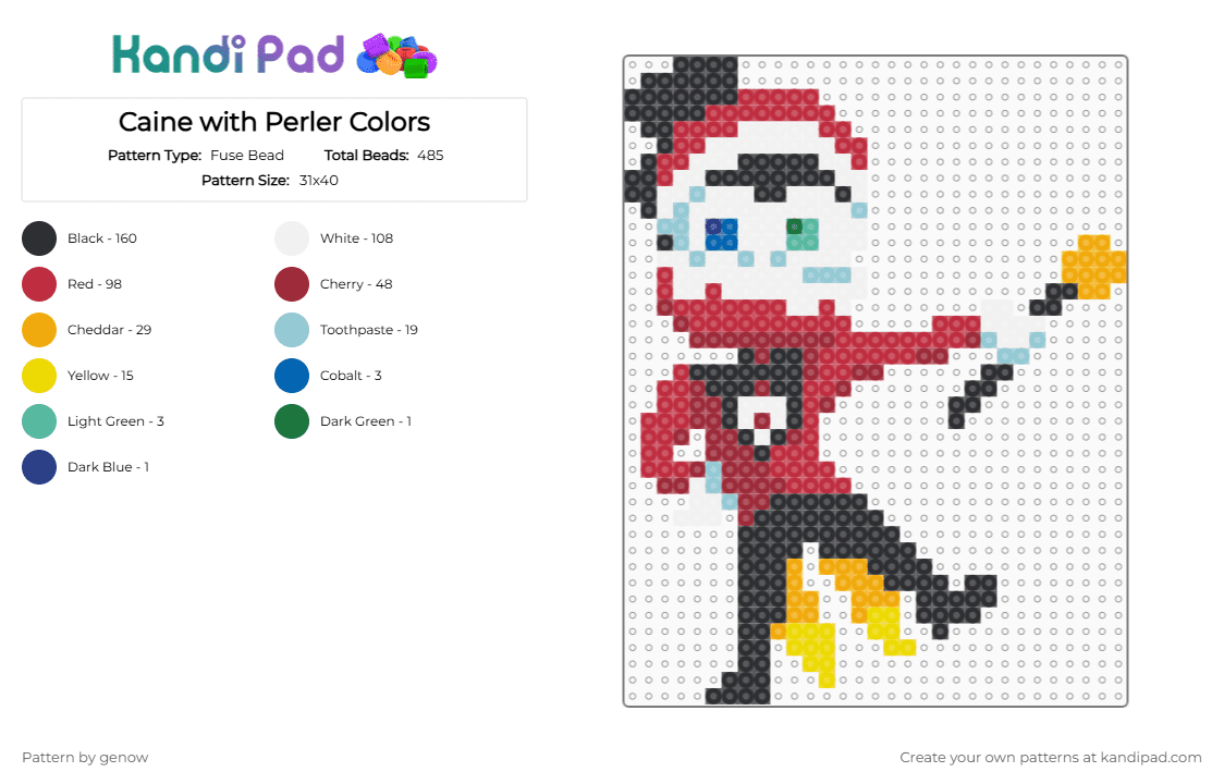Caine with Perler Colors - Fuse Bead Pattern by genow on Kandi Pad - red,orange,the amazing digital circus,tadc,caine,glitch,gooseworx,ai,character,ringmaster