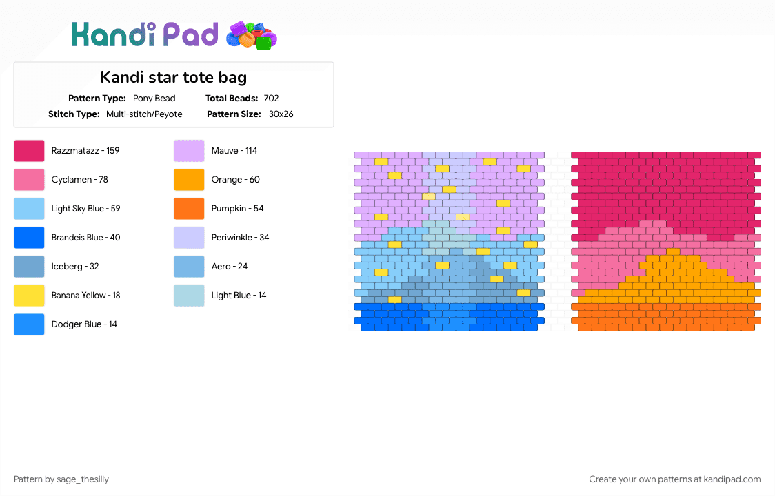 Kandi star tote bag - Pony Bead Pattern by sage_thesilly on Kandi Pad - bag, light blue, pink, tote bag