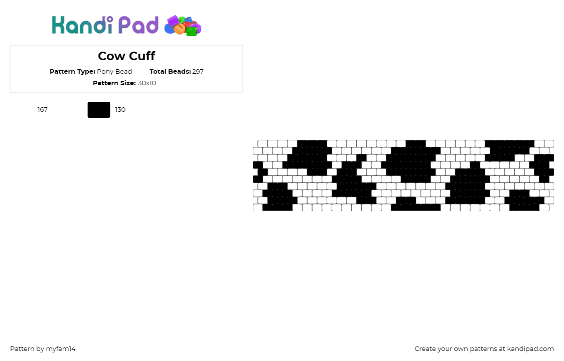 Cow Cuff - Pony Bead Pattern by myfam14 on Kandi Pad - cow,animal,spots,print,cuff,farm,black,white