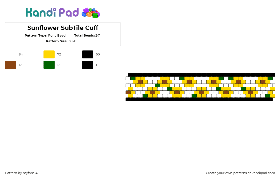 Sunflower SubTile Cuff - Pony Bead Pattern by myfam14 on Kandi Pad - sunflowers,spring,summer,bright,nature,cute,cuff,yellow,white