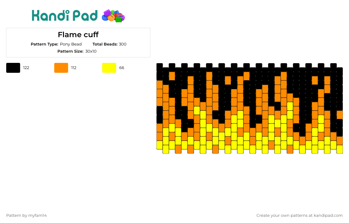 Flame cuff - Pony Bead Pattern by myfam14 on Kandi Pad - flames,fire,fiery,heat,warm,cuff,yellow,orange,black