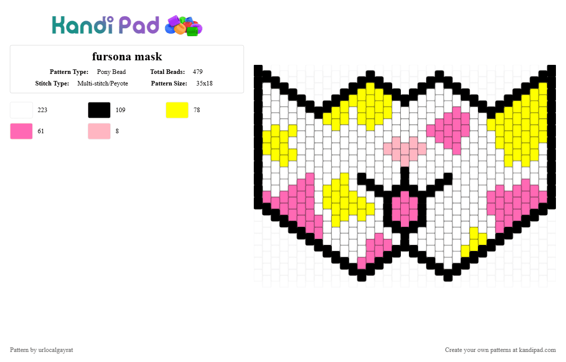 fursona mask - Pony Bead Pattern by urlocalgayrat on Kandi Pad - white,yellow,pink
