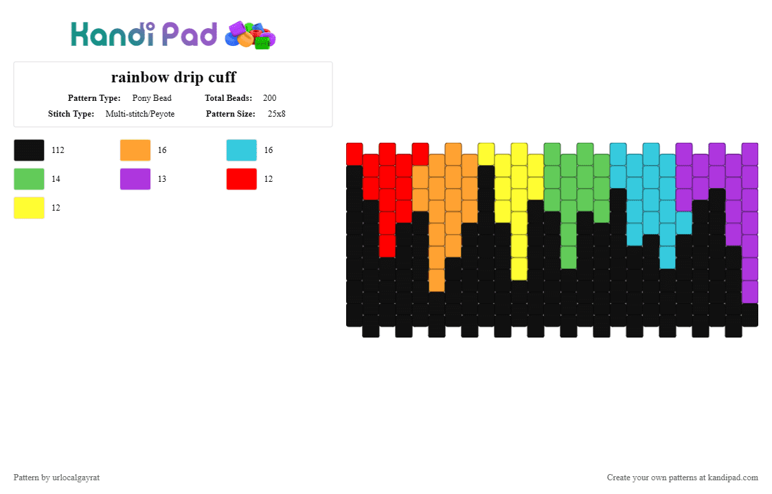rainbow drip cuff - Pony Bead Pattern by urlocalgayrat on Kandi Pad - black, colorful, green, purple