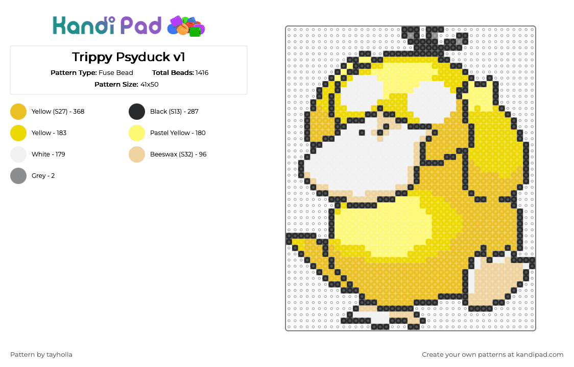 Possessed Psyduck v1 - Fuse Bead Pattern by tayholla on Kandi Pad - yellow