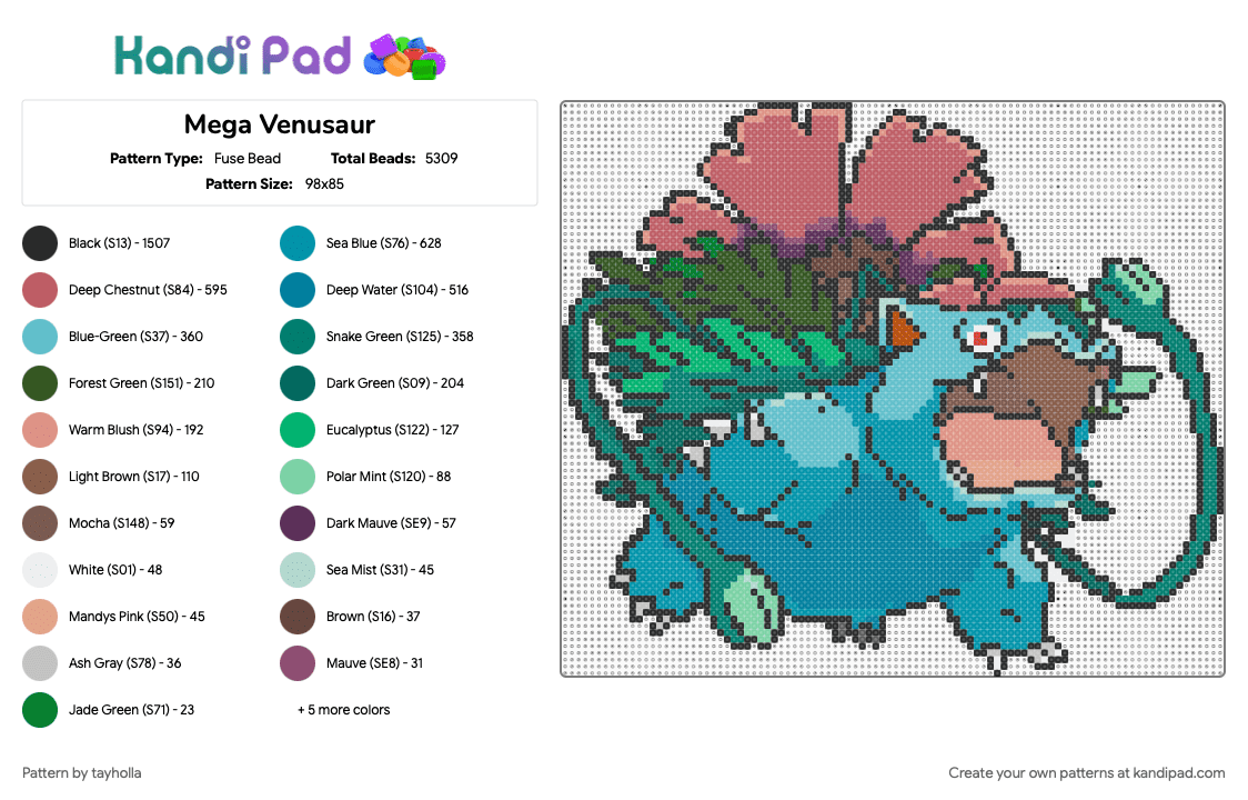 Mega Venusaur - Fuse Bead Pattern by tayholla on Kandi Pad - bulbasaur, ivysaur, mega venusaur, pokemon, red, teal, venusaur