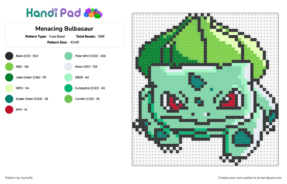 Menacing Bulbasaur - Fuse Bead Pattern by tayholla on Kandi Pad - bulbasaur, green, pokedex, pokemon, teal