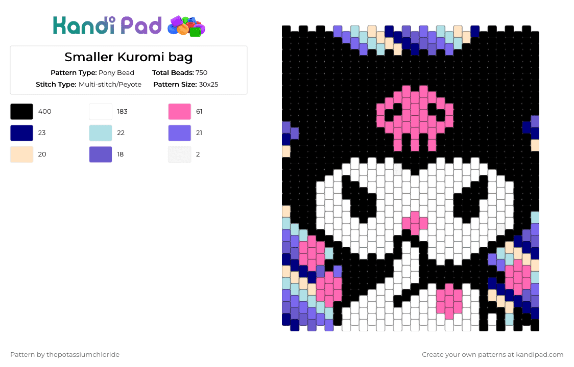 Smaller Kuromi bag - Pony Bead Pattern by thepotassiumchloride on Kandi Pad - black, blue, pink, white