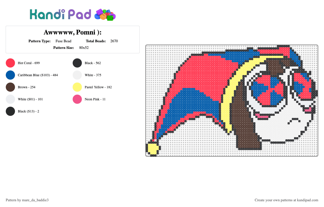 Awwwww, Pomni ): - Fuse Bead Pattern by mare_da_baddie3 on Kandi Pad - red,blue,pomni,tadc
