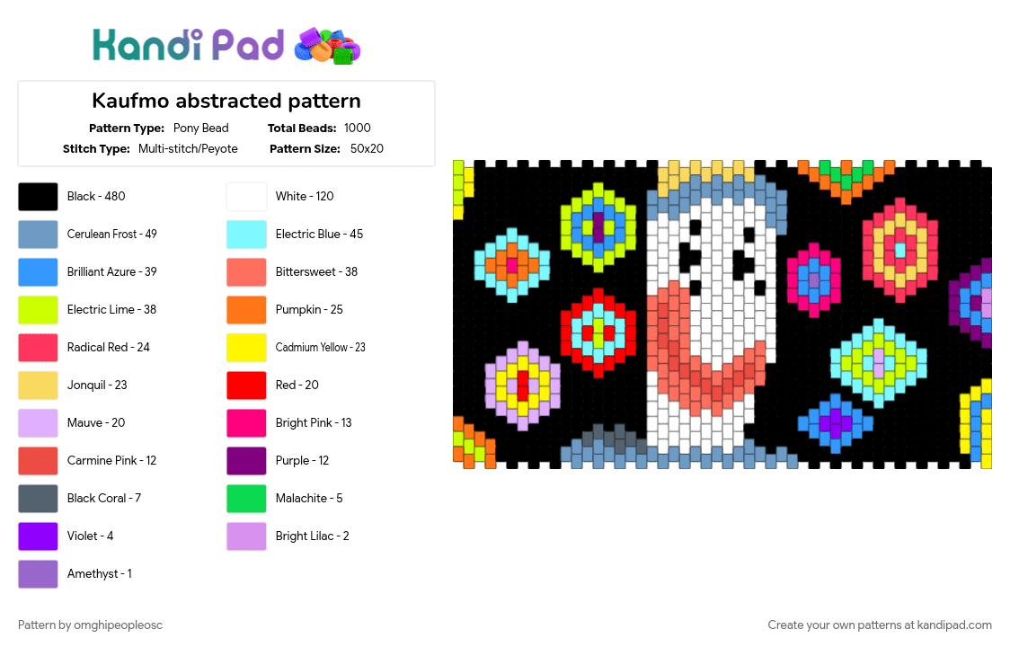 Kaufmo abstracted pattern - Pony Bead Pattern by omghipeopleosc on Kandi Pad - black, light blue, red, yellow
