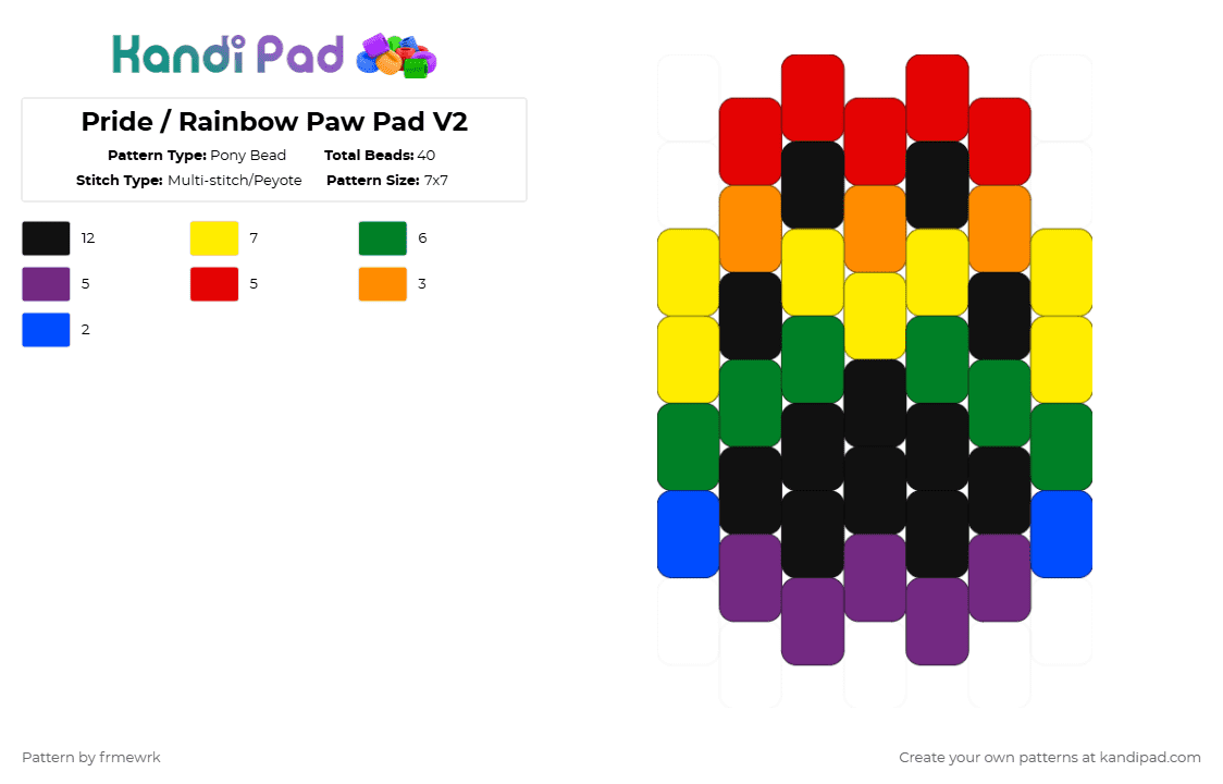 Pride / Rainbow Paw Pad V2 - Pony Bead Pattern by chazaclyzm on Kandi Pad - pink,green,yellow,red,pride,paw,furry,therian,otherkin,rainbow,queer,lgbt