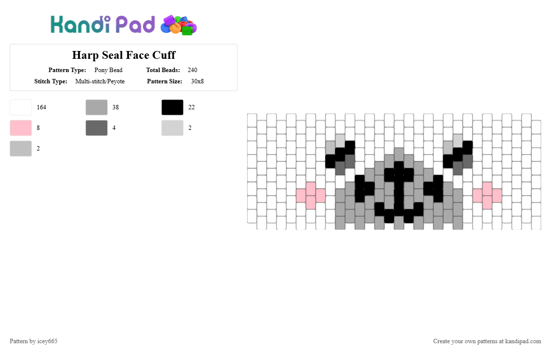 Harp Seal Face Cuff - Pony Bead Pattern by chazaclyzm on Kandi Pad - white,beige,seal,harp seal,kawaii,cute,animal