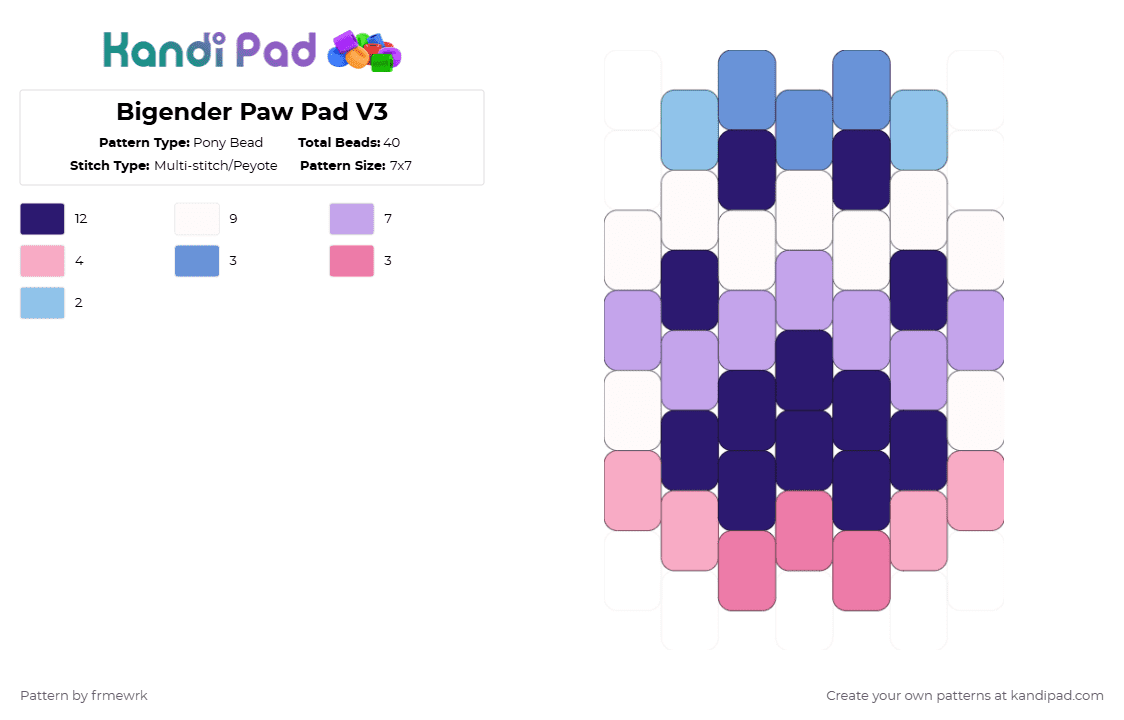 Bigender Paw Pad V3 - Pony Bead Pattern by chazaclyzm on Kandi Pad - purple,pink,paw,therian,otherkin,furry,pride,bigender