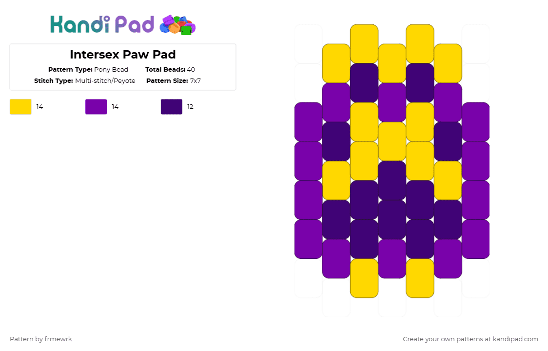 Intersex Paw Pad - Pony Bead Pattern by chazaclyzm on Kandi Pad - yellow,purple,paw,therian,otherkin,furry,pride,intersex