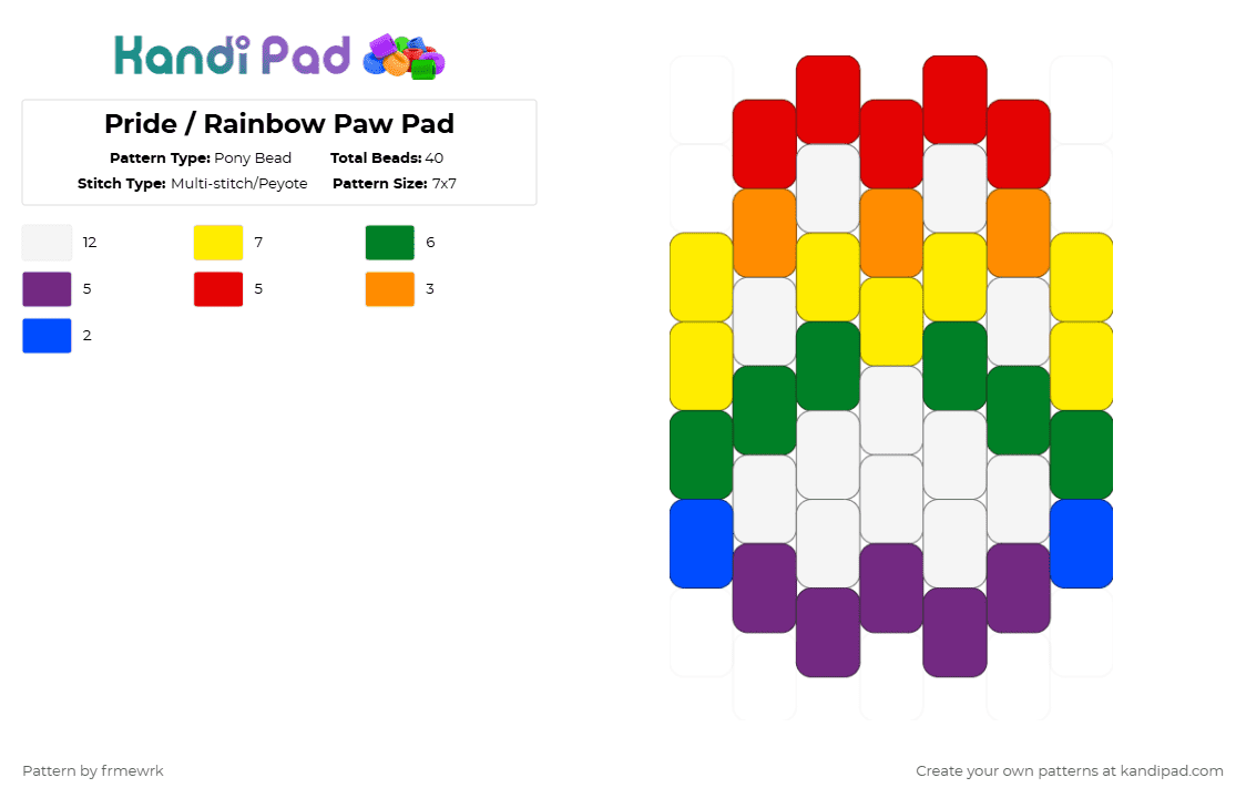 Pride / Rainbow Paw Pad - Pony Bead Pattern by chazaclyzm on Kandi Pad - pink,green,yellow,red,pride,paw,furry,therian,otherkin,rainbow,queer,lgbt
