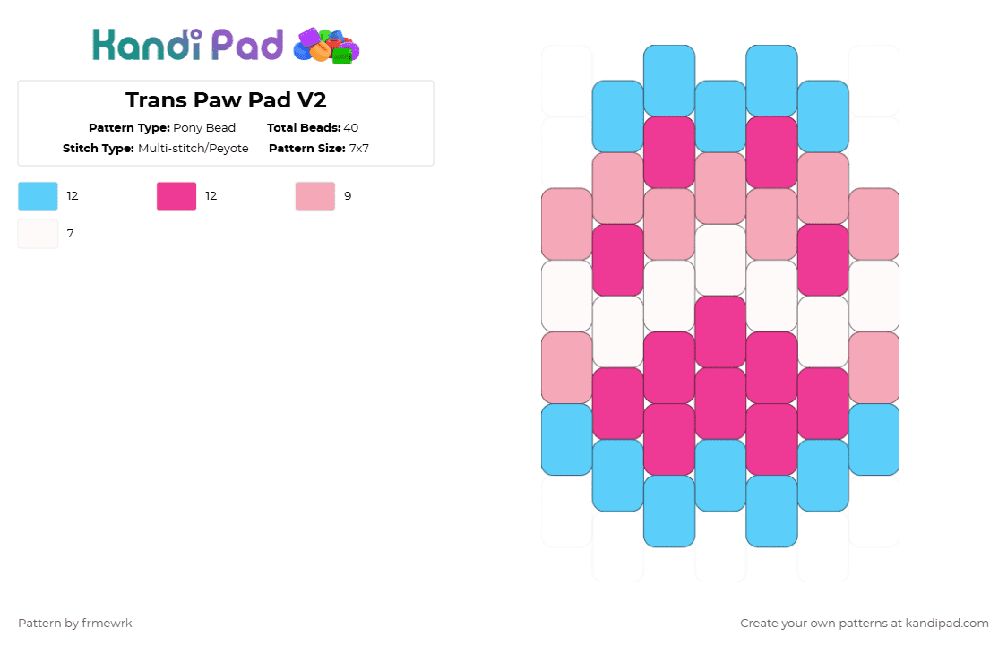 Trans Paw Pad V2 - Pony Bead Pattern by chazaclyzm on Kandi Pad - light blue,pink,transgender,trans,pride,paw,furry,therian,otherkin