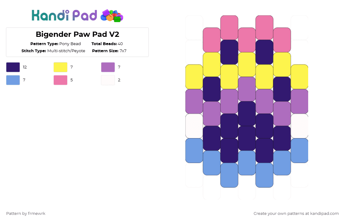 Bigender Paw Pad V2 - Pony Bead Pattern by chazaclyzm on Kandi Pad - pink,purple,paw,therian,otherkin,furry,pride,bigender
