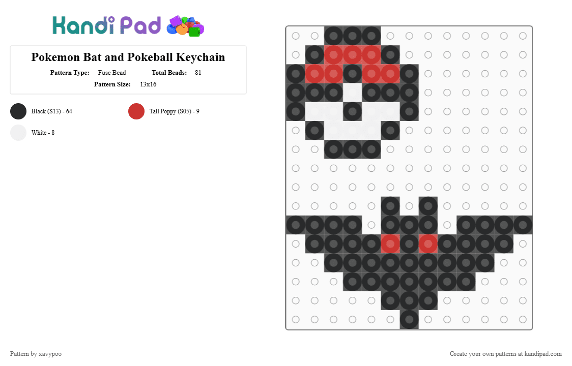 Pokemon Bat and Pokeball Keychain - Fuse Bead Pattern by xavypoo on Kandi Pad - black,red,white