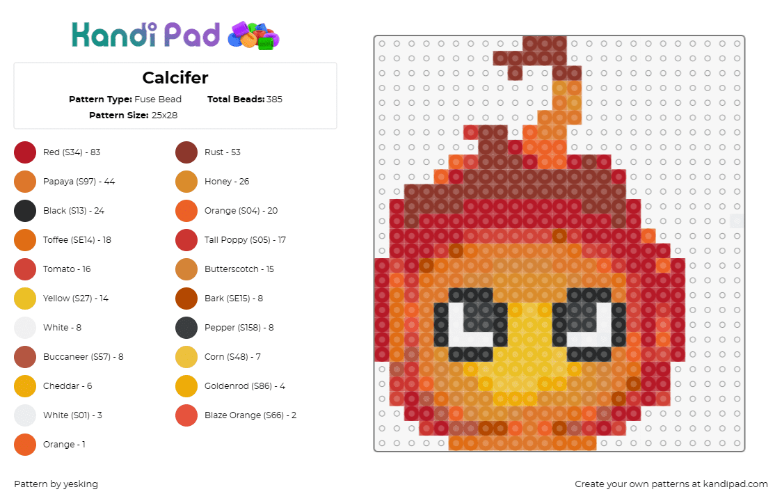 Calcifer - Fuse Bead Pattern by yesking on Kandi Pad - calcifer,howls moving castle,ghibli,anime,flame,fiery,character,orange,red