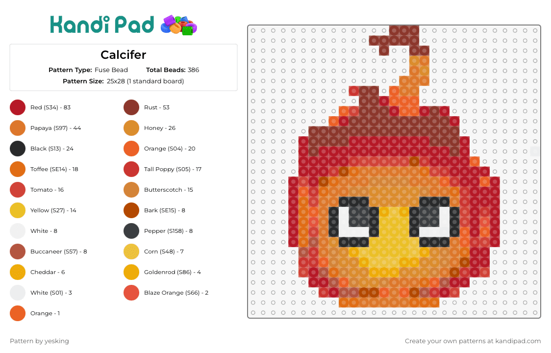 Calcifer - Fuse Bead Pattern by yesking on Kandi Pad - calcifer,howls moving castle,ghibli,anime,flame,fiery,character,orange,red