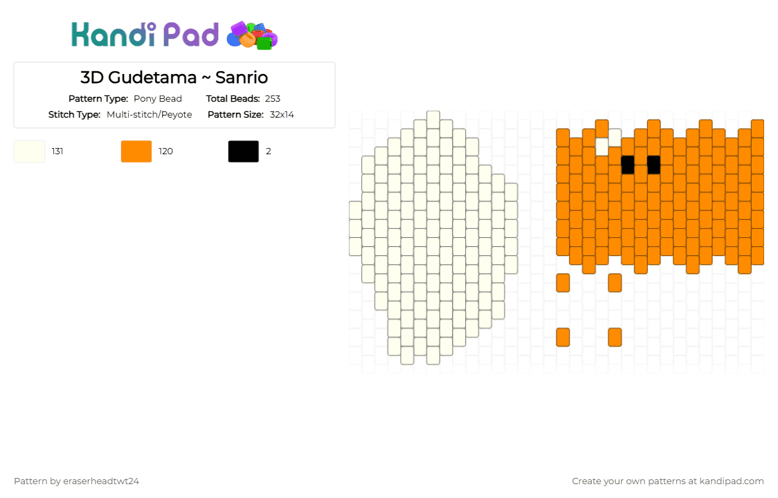 3D Gudetama ~ Sanrio - Pony Bead Pattern by voidcatt on Kandi Pad - anime, egg, food, gudetama, japanese, sanrio, sushi