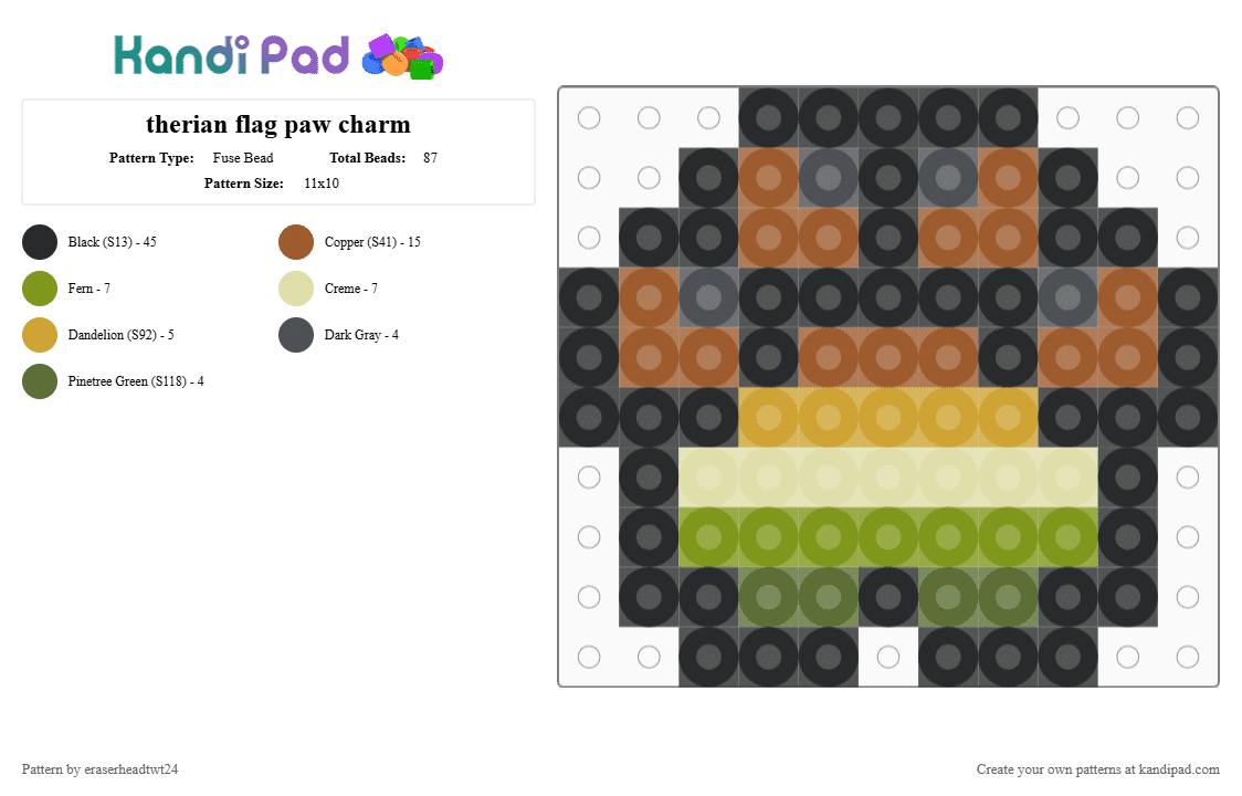 therian flag paw charm - Fuse Bead Pattern by eraserheadtwt24 on Kandi Pad - alterhuman, animal, black, charm, flag, gold, kin, paw, print, tan, therian
